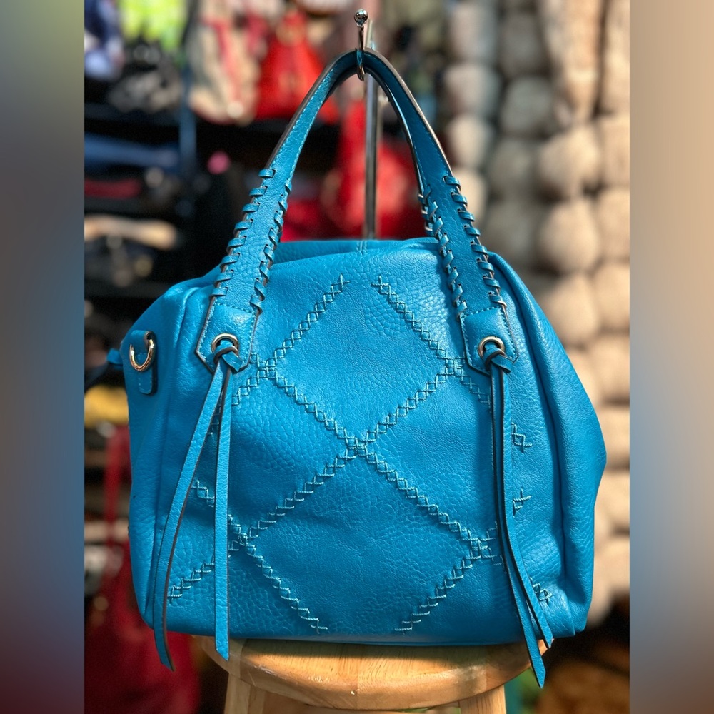 Charming Charlie Blue Turquoise Vegan Leather Cross-stitch Tassled Bag w/ Strap